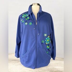 NWT!Liz & Me Blue Embroidered Floral Zip-Up Pocket Jacket Size 3X
